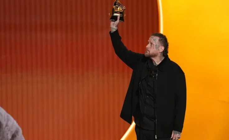 Jelly Roll accepts the award for best contemporary country album for "Beautifully Broken" during the 68th annual Grammy Awards on Sunday, Feb. 1, 2026, in Los Angeles. (AP Photo/Chris Pizzello)