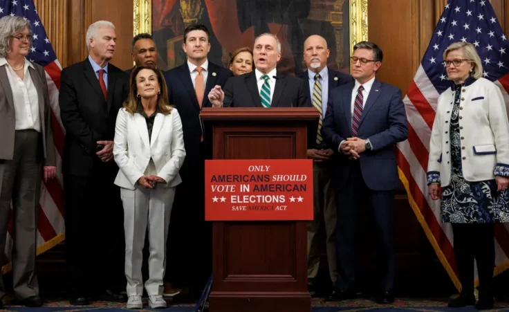 House Majority Leader Steve Scalise, R-La., speaks to reporters on the SAVE America Act alongside Republican leadership and supporters on Capitol Hill in Washington, Wednesday, Feb. 11, 2026, in Washington. (AP Photo/Tom Brenner)