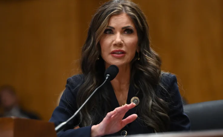 Kristi Noem, President-elect Donald Trump's nominee for Secretary of the Department of Homeland Security, speaks during her confirmation hearing before the Homeland Security and Governmental Affairs Committee on Capitol Hill on January 17, 2025 in Washington, DC. (Photo by Chen Mengtong/China News Service/VCG via AP)