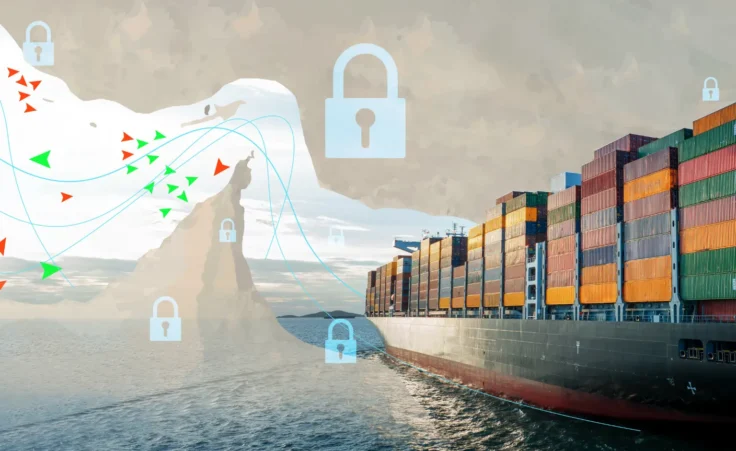 Global trade disruption concept with container ships blocked from entering or exiting the Strait of Hormuz. By YellowBoat/stock.adobe.com. Iran war