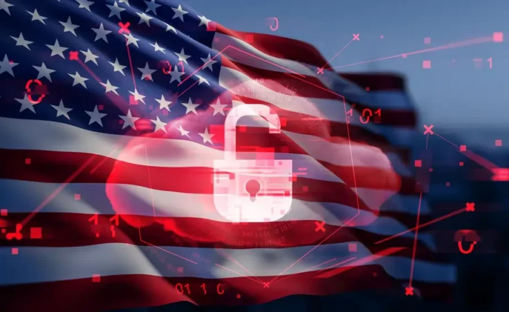Cybersecurity breach concept with glowing red unlocked padlock over American flag background and digital hologram elements representing data threats. 3D Rendering by ImageFlow/stock.adobe.com