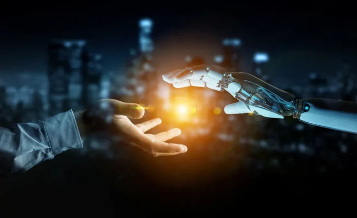 White cyborg hand about to touch human hand 3D rendering by sdecoret/stock.adobe.com