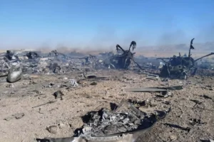 In this image provided by Sepahnews, the Iranian Revolutionary Guard's official website, wreckage is shown at what Iran's state TV claimed was the site of a downed American transport plane and two helicopters involved in a rescue operation, in Isfahan province, Iran, April, 2026. (Sepahnews via AP) US airman pilot rescue
