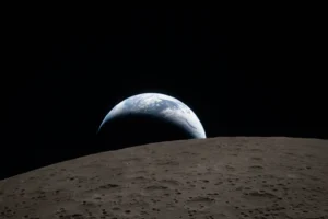 In this image provided by NASA, The Artemis 2 crew captured this view of an Earthset on Monday, April 6, 2026, as they flew around the Moon. (NASA via AP)