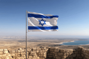 The Israeli flag waves proudly against a vast desert landscape and clear blue sky, with scenic views of the Dead Sea and distant mountains. Daria94
