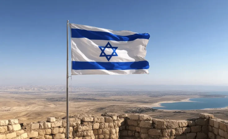 The Israeli flag waves proudly against a vast desert landscape and clear blue sky, with scenic views of the Dead Sea and distant mountains (Adobe Stock, Daria94).