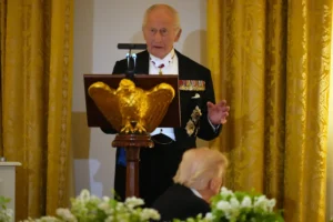 Britain's King Charles III speaks during a State Dinner with President Donald Trump, first lady Melania Trump and Queen Camilla in the East Room of the White House State Dinner Tuesday, April 28, 2026, in Washington. (AP Photo/Alex Brandon)