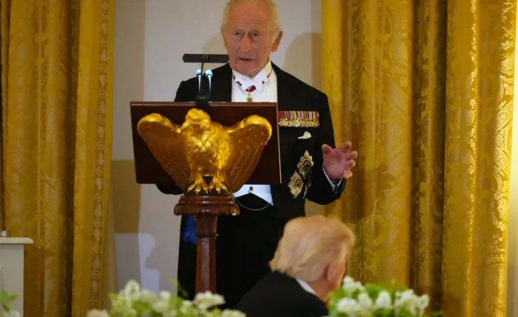 Britain's King Charles III speaks during a State Dinner with President Donald Trump, first lady Melania Trump and Queen Camilla in the East Room of the White House State Dinner Tuesday, April 28, 2026, in Washington. (AP Photo/Alex Brandon)