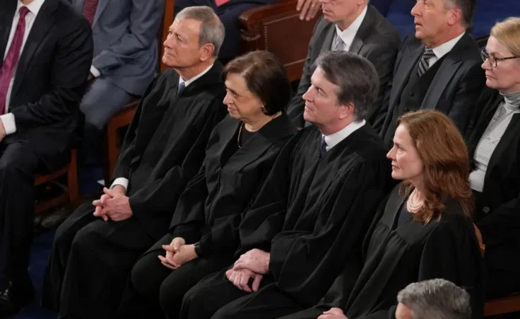 U.S. Supreme Court Justices listens as President Donald Trump gives his State of the Union address to a joint session of Congress, at the Capitol in Washington, Tuesday, Feb. 24, 2026. (AP Photo/J. Scott Applewhite)