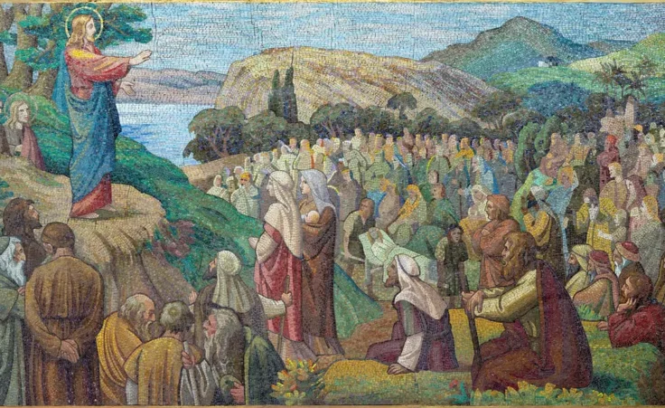 PRAGUE, CZECH REPUBLIC - OCTOBER 13, 2018: The mosiac of Sermon on the mount in church kostel Svatého Václava by artwork of S. G. Rudl in workroom of Albert Neuhauser (1928.) By Renáta Sedmáková/stock.adobe.com