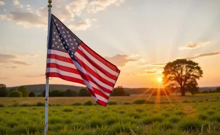 Crisp American flag waving in sunset-lit field, patriotism and unity By LunaStar/stock.adobe.com