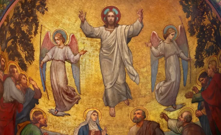 PRAGUE, CZECH REPUBLIC - OCTOBER 13, 2018: The fresco of Ascension of Jesus in side apse of church kostel Svatého Václava by S. G. Rudl (1900). by Renáta Sedmáková/adobe.stock.com