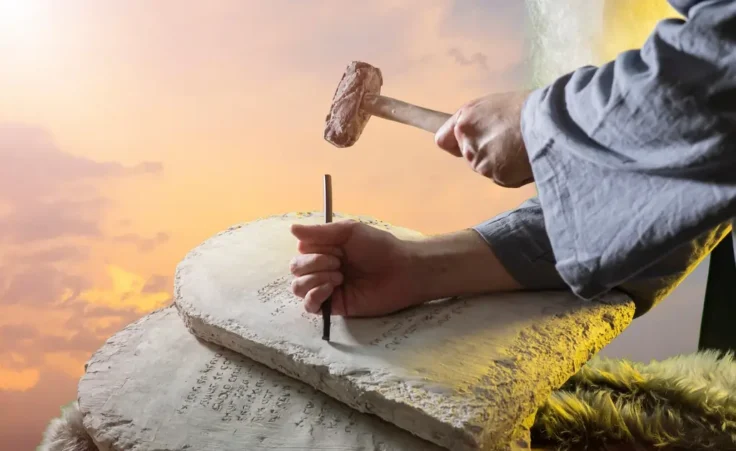 The biblica prophet Moses carves letters from stone on stone tablets of the Ten Commandments by de Art/stock.adobe.com