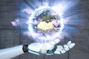 Robotic AI hand holding the earth. By AlexanderLimbach/stock.adobe.com. AI church worship