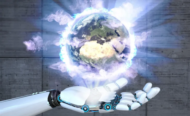 Robotic AI hand holding the earth. By AlexanderLimbach/stock.adobe.com. AI church worship