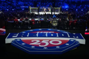 Featherweight fighters Diego Lopez and Steve Garcia in the ring during the first fight at UFC Freedom 250 on the South Lawn of the White House, Sunday, June 14, 2026, in Washington. (AP Photo/Julia Demaree Nikhinson) UFC alleged attack FBI