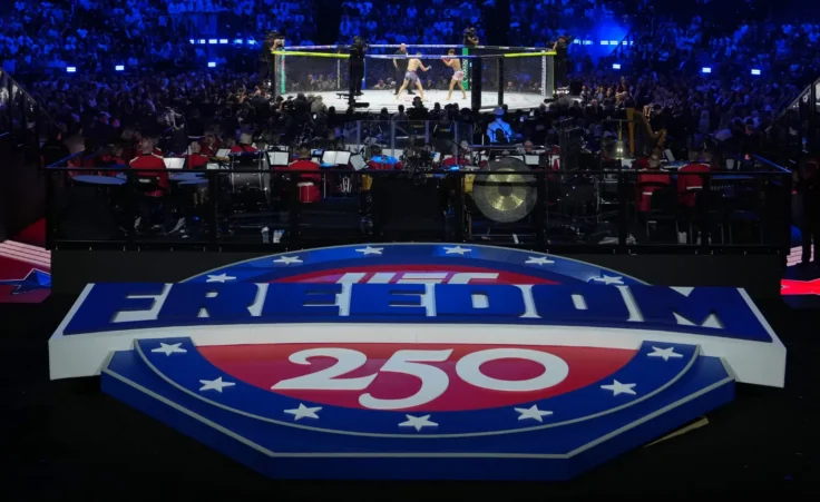 Featherweight fighters Diego Lopez and Steve Garcia in the ring during the first fight at UFC Freedom 250 on the South Lawn of the White House, Sunday, June 14, 2026, in Washington. (AP Photo/Julia Demaree Nikhinson) UFC alleged attack FBI