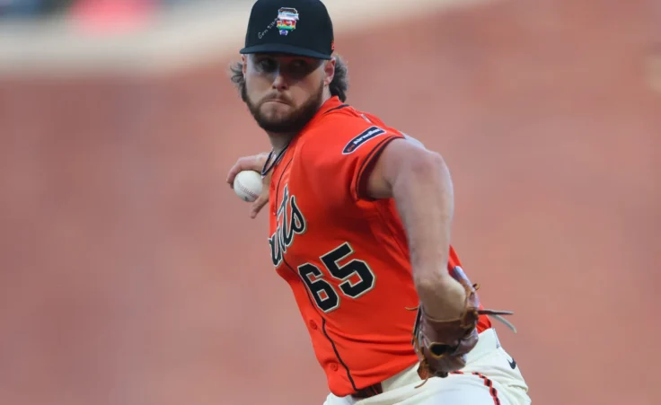 San Francisco Giants pitcher Landen Roupp throws to a Chicago Cubs batter during the first inning of a baseball game Friday, June 12, 2026, in San Francisco, Calif. (AP Photo/Scott Marshall) Pride Night