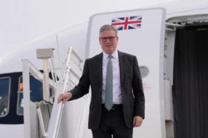 British Prime Minister Kier Starmer arrives at Calgary International Airport, Sunday,June, 15, 2025, ahead of the G7 Summit, in Calgary. (AP Photo/Gerald Herbert)