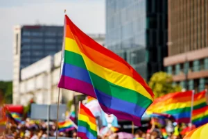 Lgbt pride rainbow flag during parade in the city . By 9parusnikov/stock.adobe.com
