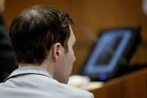 Tyler Robinson, who is accused in the fatal shooting of Charlie Kirk, watches a computer screen during testimony about comparison testing of bullets during a preliminary hearing at the Fourth District Courthouse in Provo, Utah, Thursday, July 9, 2026. (AP Photo/Spenser Heaps, Pool)