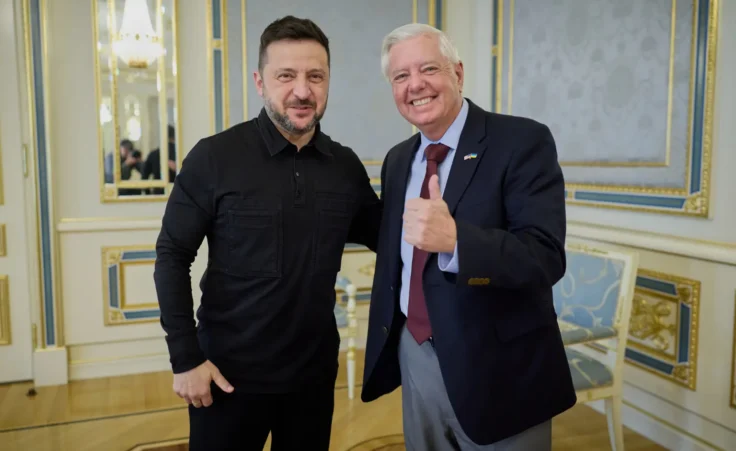 In this photo provided by the Ukrainian Presidential Press Office, Ukrainian President Volodymyr Zelenskyy, left, and U.S. Sen. Lindsey Graham, R-S.C. in Kyiv, Ukraine, Friday, July 10, 2026. (Ukrainian Presidential Press Office via AP)