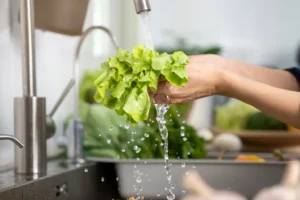 Close up of someone washing vegetables with tap water at the kitchen sink. An outbreak of cyclosporiasis has reached thirty-one states. By Pormezz/stock.adobe.com.