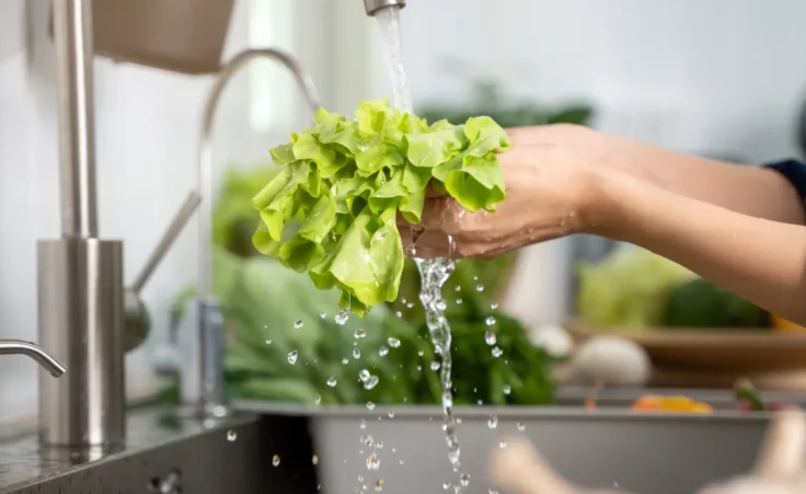 Close up of someone washing vegetables with tap water at the kitchen sink. An outbreak of cyclosporiasis has reached thirty-one states. By Pormezz/stock.adobe.com.