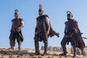Undated film still handout from The Odyssey. Pictured: Jimmy Gonzales as Cepheus, Matt Damon as Odysseus and Himesh Patel as Eurylochus. © Universal Studios. All Rights Reserved.