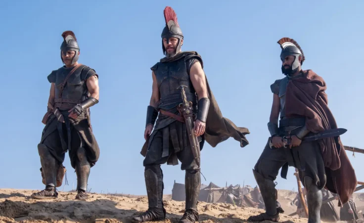 Undated film still handout from The Odyssey. Pictured: Jimmy Gonzales as Cepheus, Matt Damon as Odysseus and Himesh Patel as Eurylochus. © Universal Studios. All Rights Reserved.