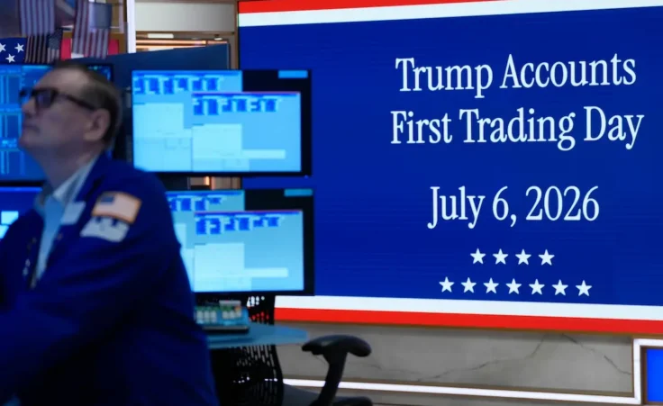 A screen displays information about Trump Accounts on the floor at the New York Stock Exchange in New York, Monday, July 6, 2026. (AP Photo/Seth Wenig)
