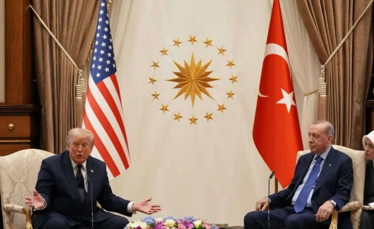President Donald Trump gestures during a bilateral meeting with Turkish President Recep Tayyip Erdogan at the NATO summit in Ankara, Turkey, Tuesday, July 7, 2026. (AP Photo/Alex Brandon)