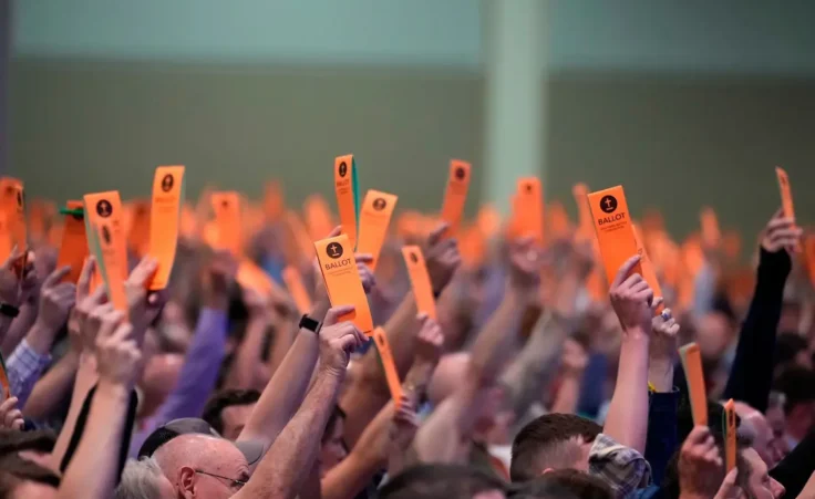Messengers vote at the 2024 Souther Baptist Convention Annual Meeting in Indianapolis, Monday, July 15, 2024. (AJ Mast via AP Images)