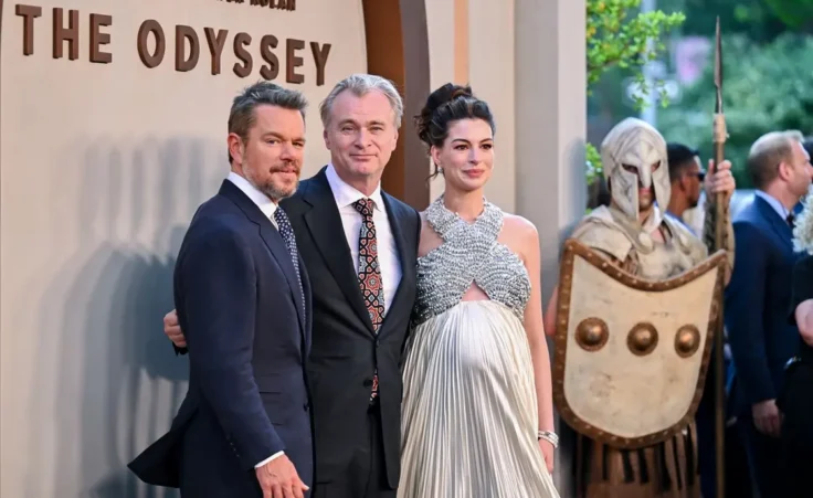 Matt Damon, left, Christopher Nolan and Anne Hathaway attend the premiere of "The Odyssey" at AMC Lincoln Square on Tuesday, July 14, 2026, in New York. (Photo by Evan Agostini/Invision/AP)